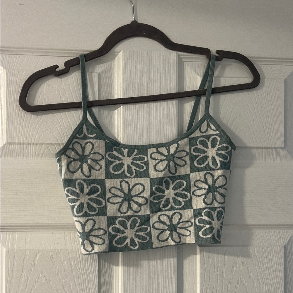 PacSun Floral Checkered Crop Top - Green and White